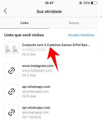 Tela da sua atividade no Instagram