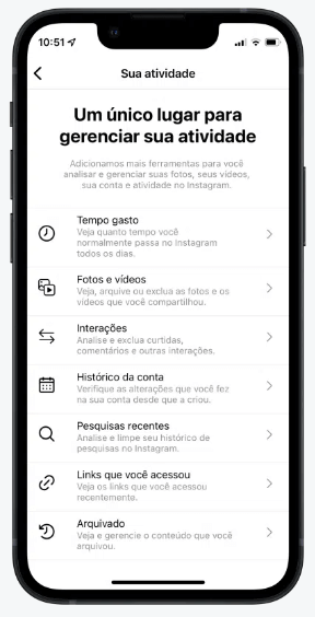 Tela para gerenciar sua atividade no Instagram
