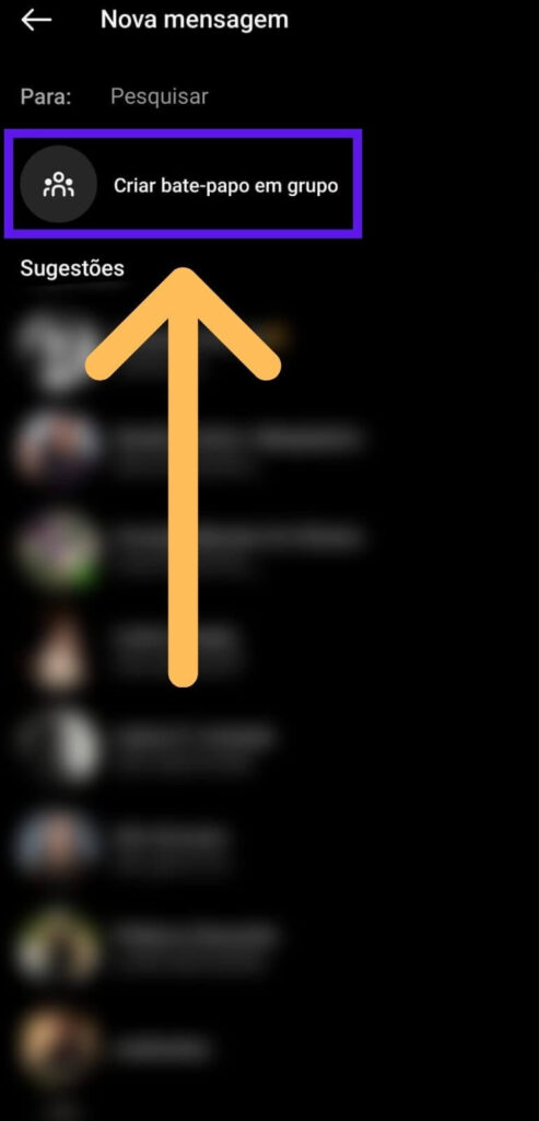 Tela do aplicativo Instagram botão criar bate papo em grupo nova mensagem