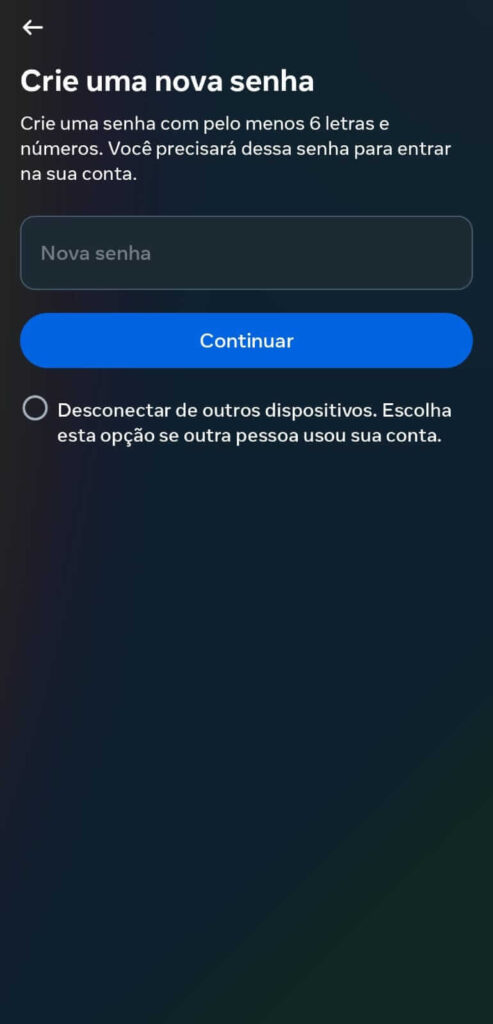 Tela do aplicativo Instagram botão crie uma nova senha