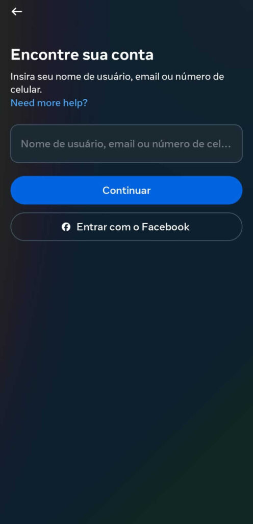 Tela do aplicativo Instagram botão encontre sua conta