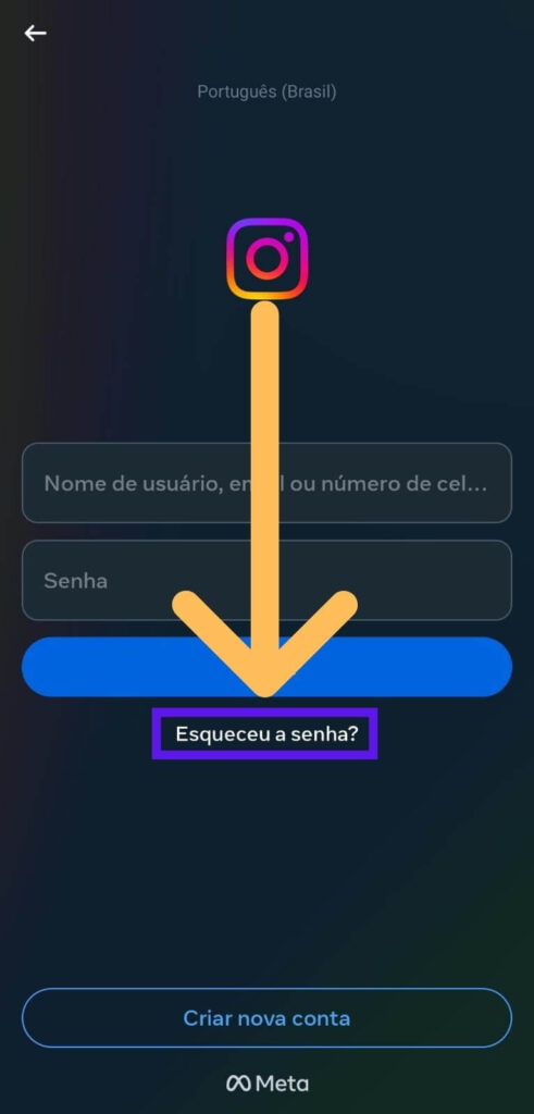 Tela do aplicativo Instagram botão esqueceu a senha