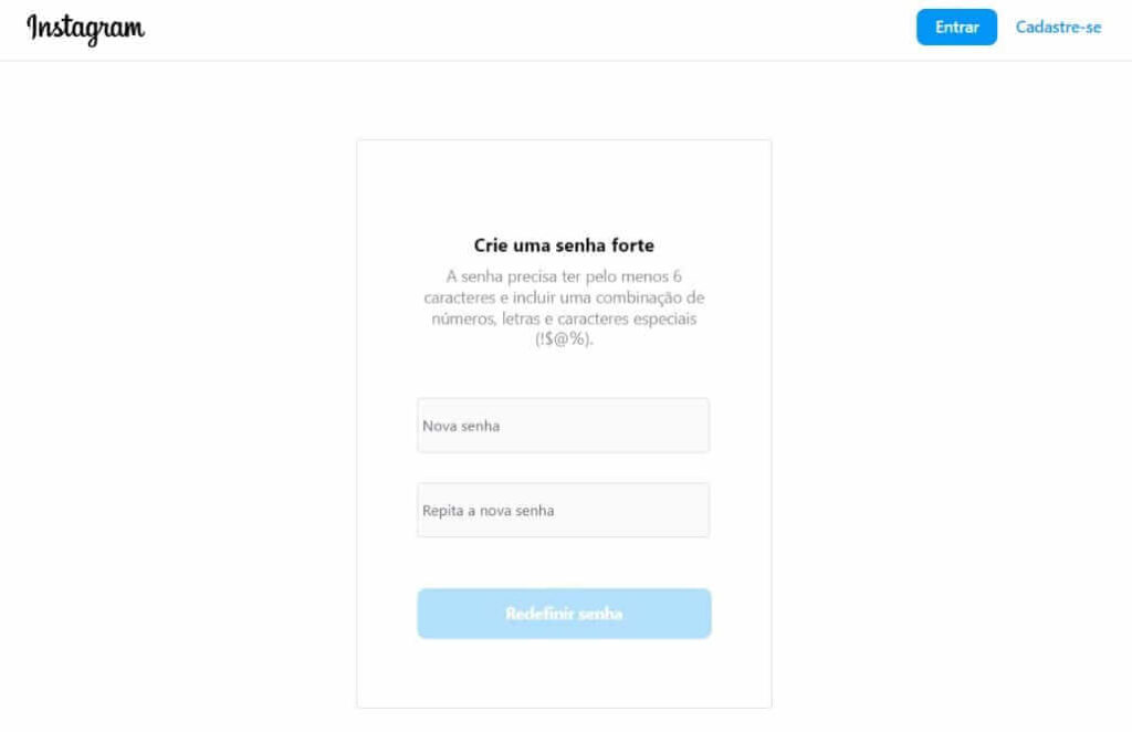Tela do computador site Instagram botão crie uma senha forte