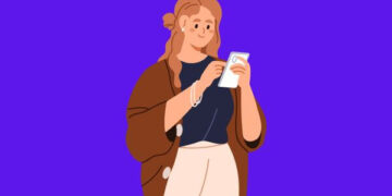 Desenho representativo de uma mulher sorrindo olhando para o celular