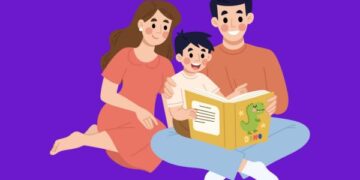 Desenho representativo de pais contando histórias para filho