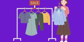 Desenho representativo de mulher vendendo roupas em brechó