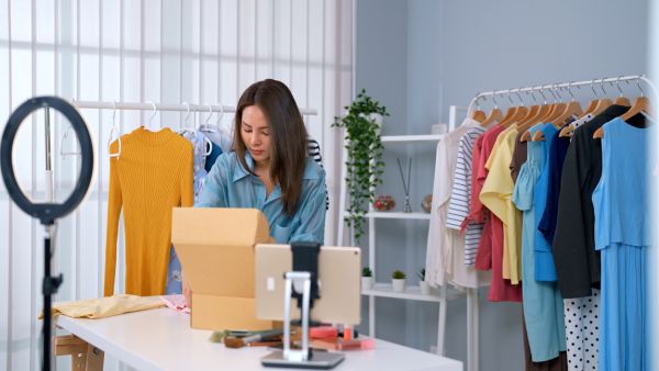 Empreendedora embalando produtos depois de fechar muitas vendas com frases para bio de loja feminina Instagram atrativas