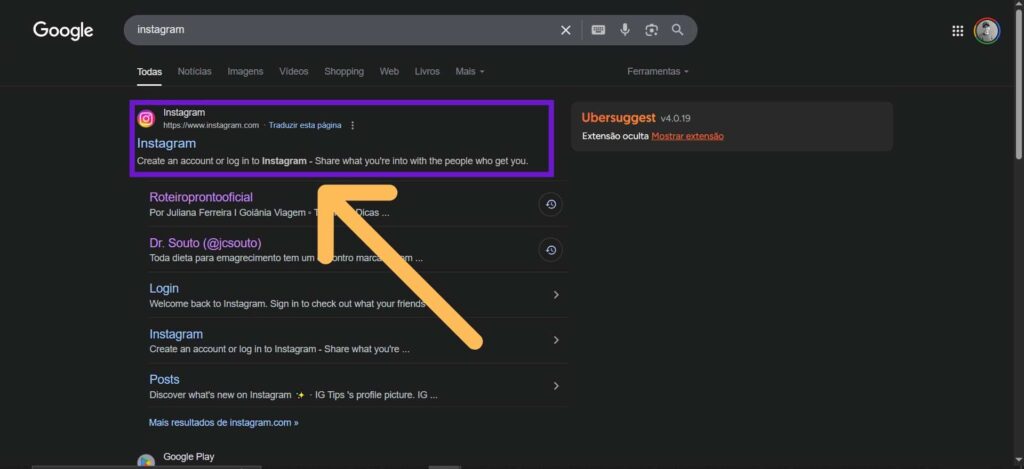 Resultados de pesquisa do Google Chrome no PC com indicativos no "site oficial do Instagram"