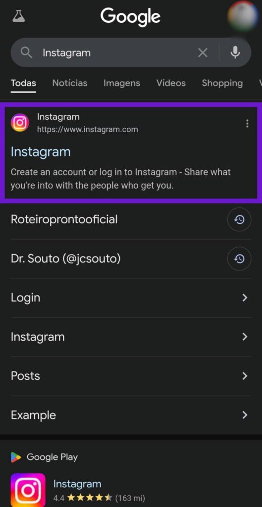 Resultados de pesquisa para a palavra chave Instagram no Google Chrome mobile com indicativos no site oficial do Instagram