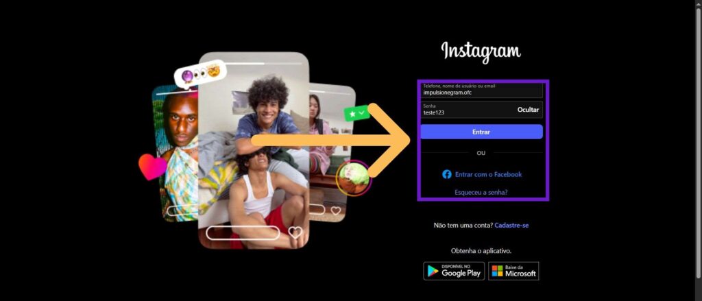 Tela de login da versão Desktop do Instagram com indicativos nos "campos de digitação" e opção "Entrar"