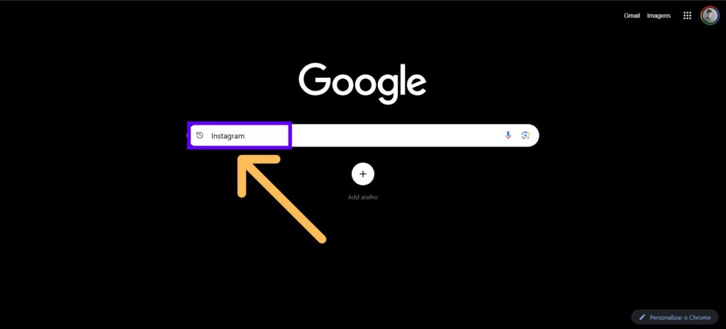 Tela inicial do Google Chrome no PC com indicativos em "Instagram" no campo de pesquisa