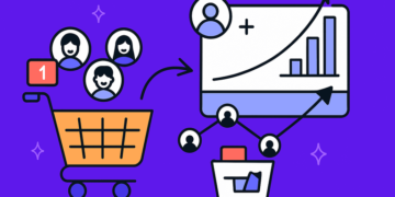 Ilustração estilo flat mostrando um carrinho de compras com ícones de seguidores sendo direcionado para uma tela com gráfico de crescimento e engajamento, representando o retorno ao comprar seguidores no Instagram.