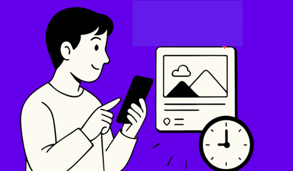 Ilustração em estilo flat de um jovem interagindo com o celular enquanto uma postagem recebe curtidas, comentários e novos seguidores nos primeiros minutos, com ícones de notificação e um relógio ao lado