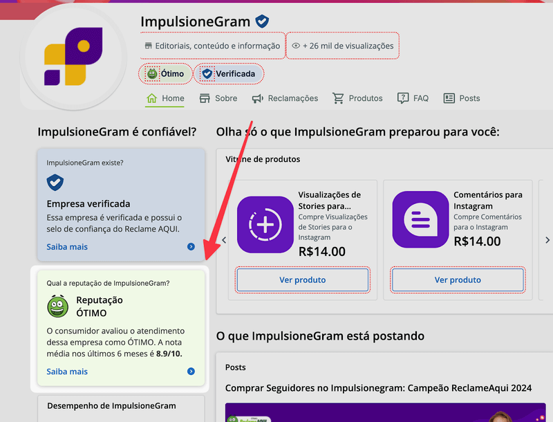 printscreen mostrando a tela do reclameaqui do impulsionegram com seta apotando para nota avalizacao do site otima