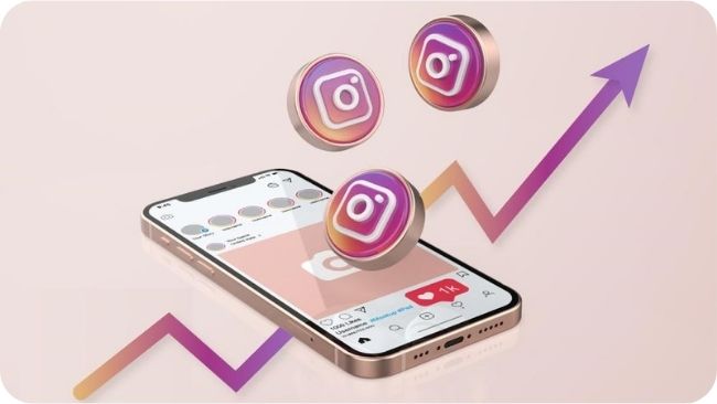Logotipo do Instagram solto na tela do telefone com uma seta apontando para cima e indicando crescimento de perfil