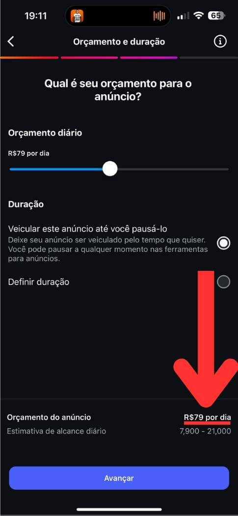 Imagem com seta apontando para o valor possivel para impulsionar post e quanto vale para comprar seguidores instagram